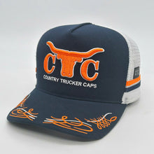 Load image into Gallery viewer, NAVY ORANGE TRUCK SCROLL TRUCKER CAP
