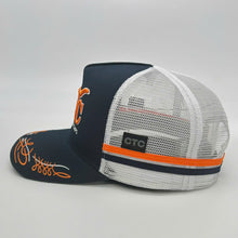 Load image into Gallery viewer, NAVY ORANGE TRUCK SCROLL TRUCKER CAP