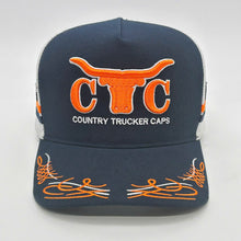 Load image into Gallery viewer, NAVY ORANGE TRUCK SCROLL TRUCKER CAP