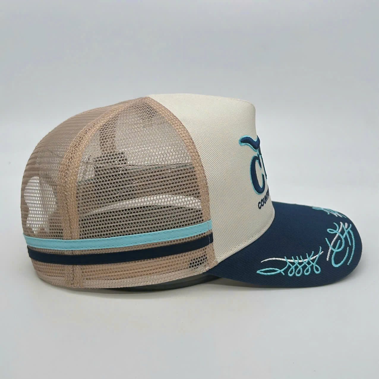 CREAM NAVY TRUCK SCROLL TRUCKER CAP