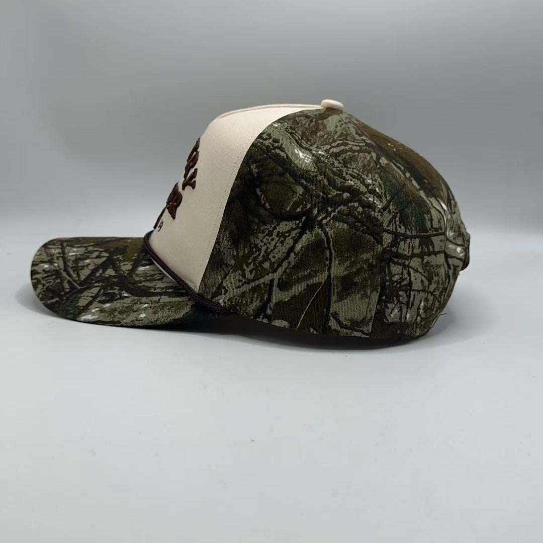 LADIES CAMO FULL FABRIC MEDIUM PEAK TRUCKER CAP