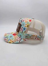 FLORAL LEATHER PATCH TRUCKER CAP