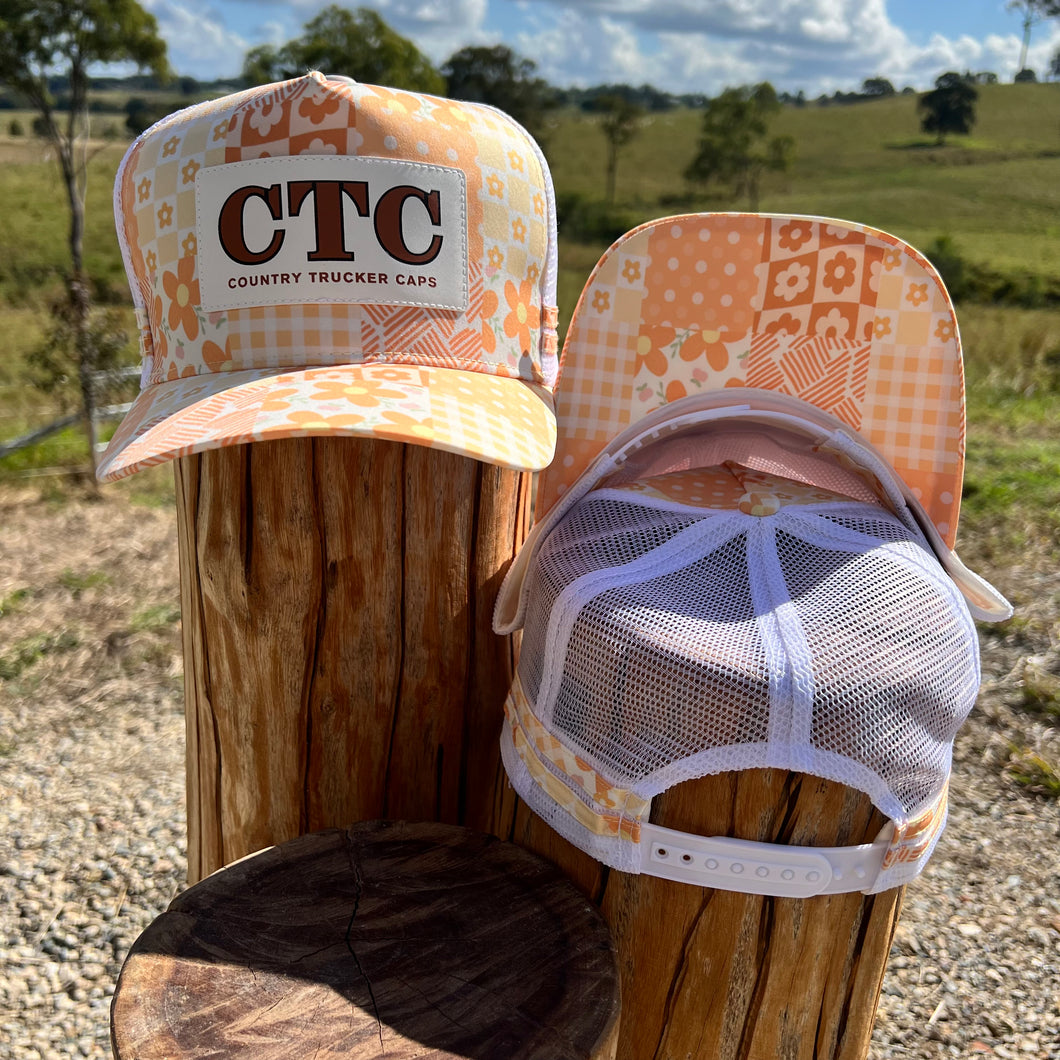 PEACH PATCHWORK TRUCKER CAP RANGE