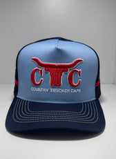 POWDER BLUE RED BULLHORN TRUCKER CAP