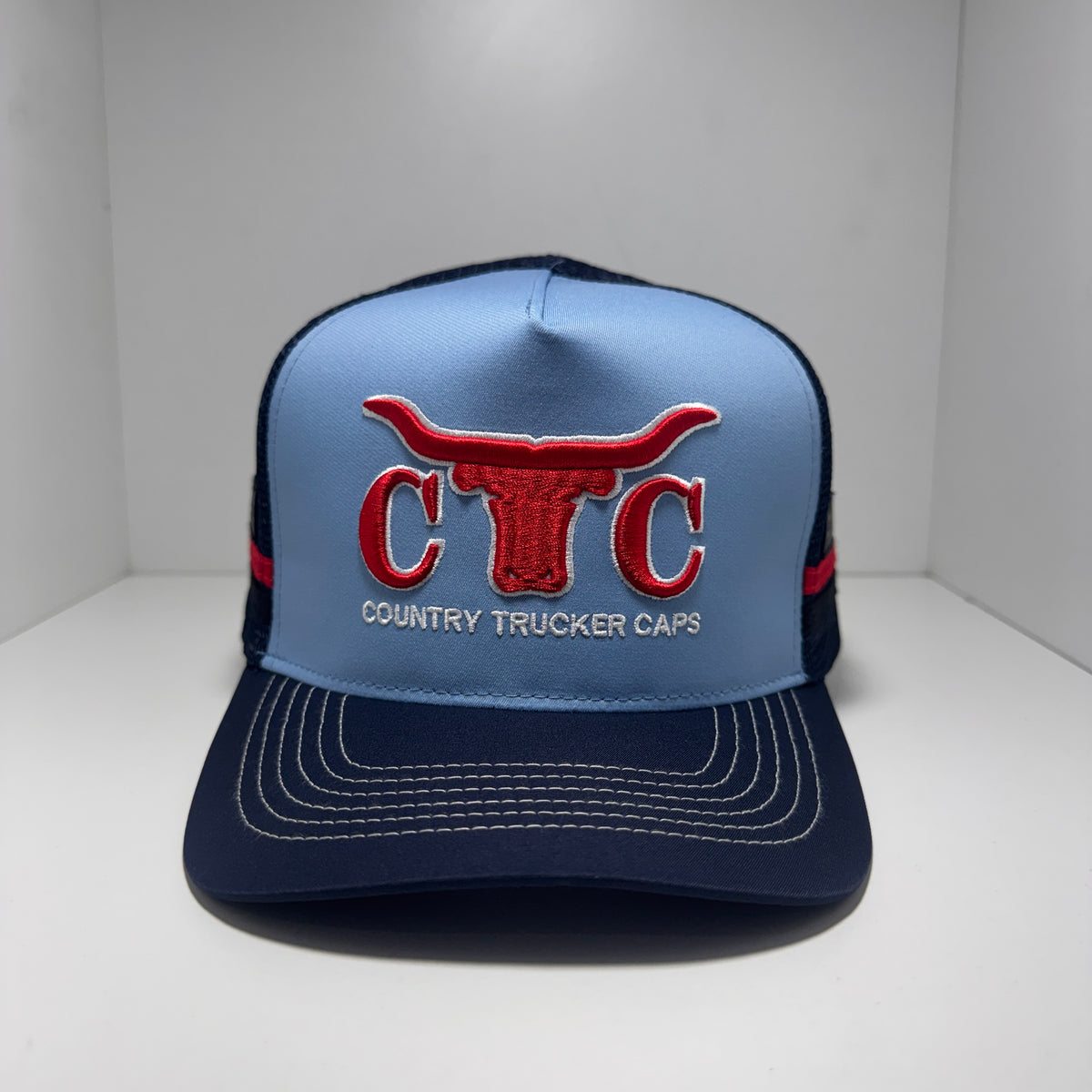 POWDER BLUE RED BULLHORN TRUCKER CAP