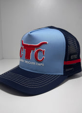 POWDER BLUE RED BULLHORN TRUCKER CAP