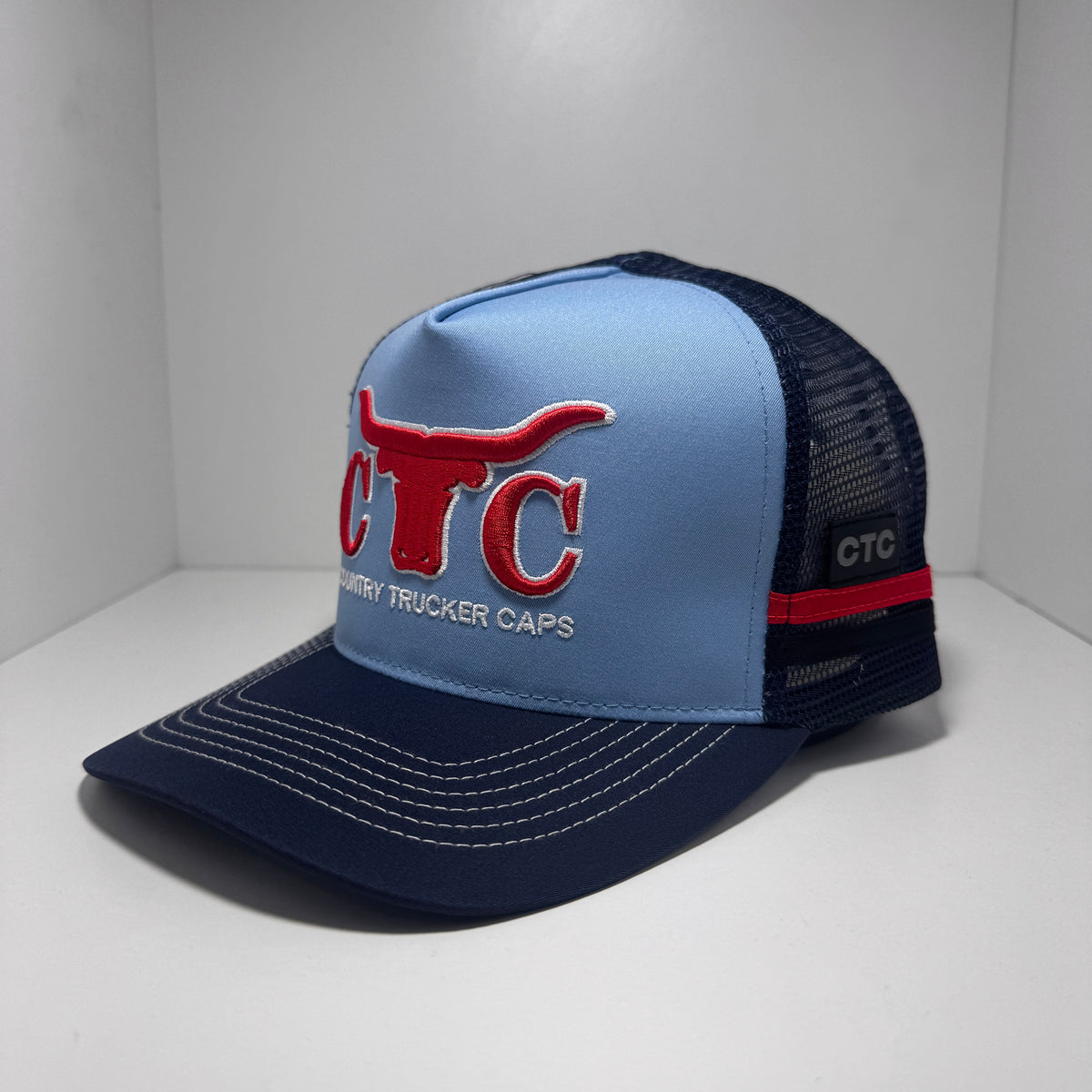 POWDER BLUE RED BULLHORN TRUCKER CAP