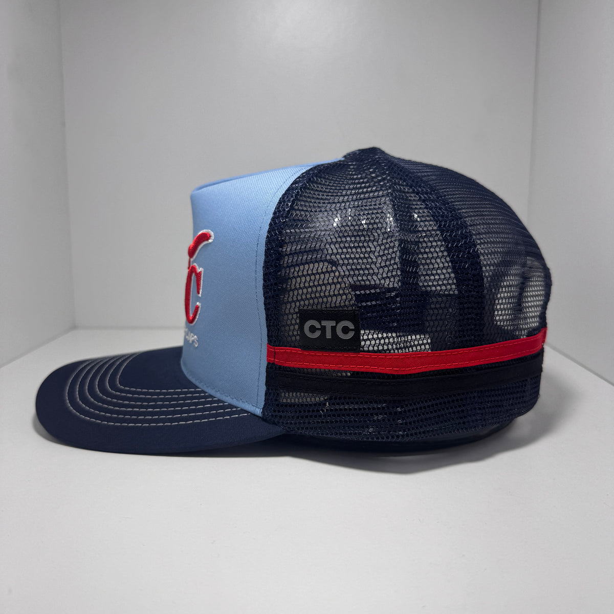 POWDER BLUE RED BULLHORN TRUCKER CAP