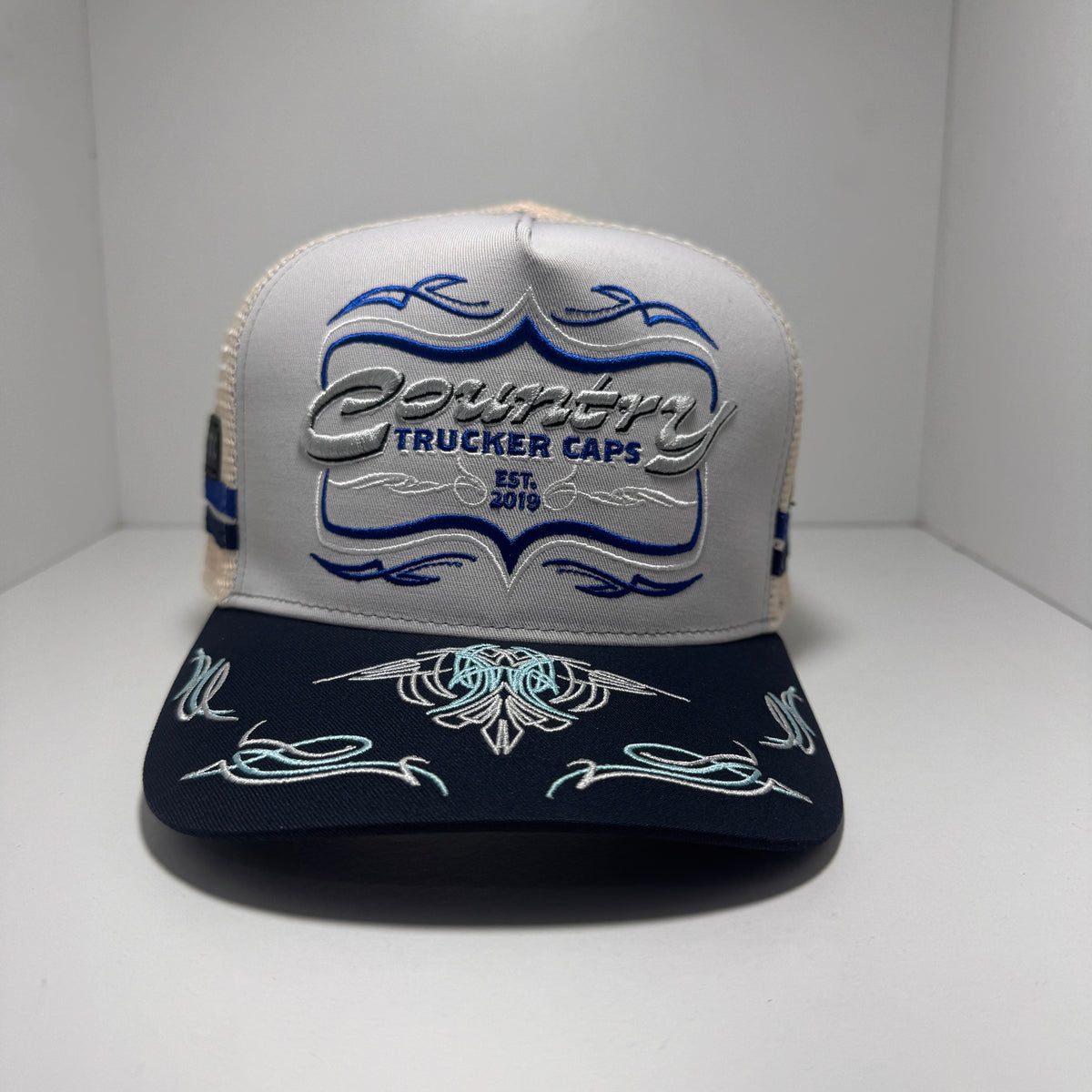 VINTAGE SCROLL GREY BLUE TRUCKER CAP