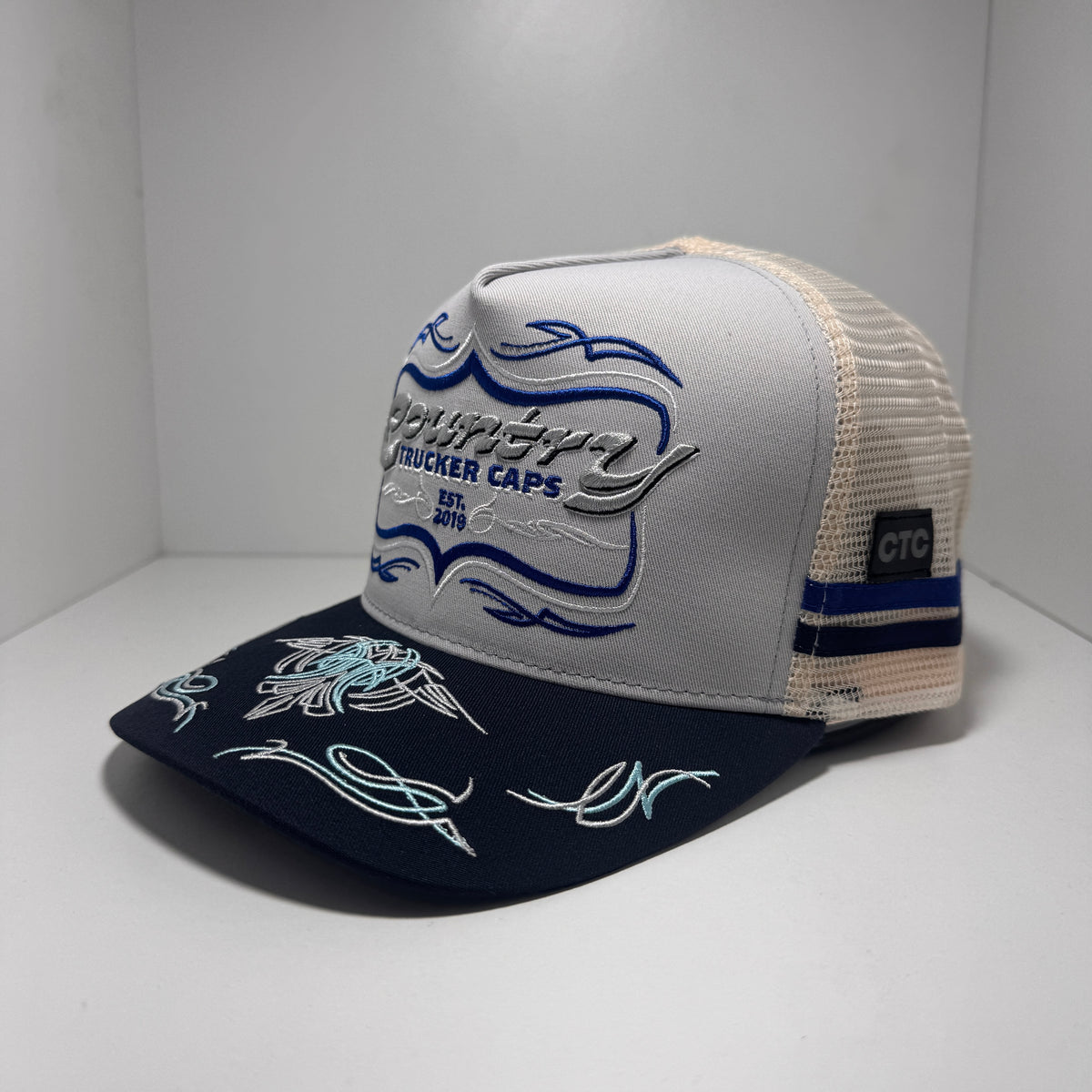 VINTAGE SCROLL GREY BLUE TRUCKER CAP