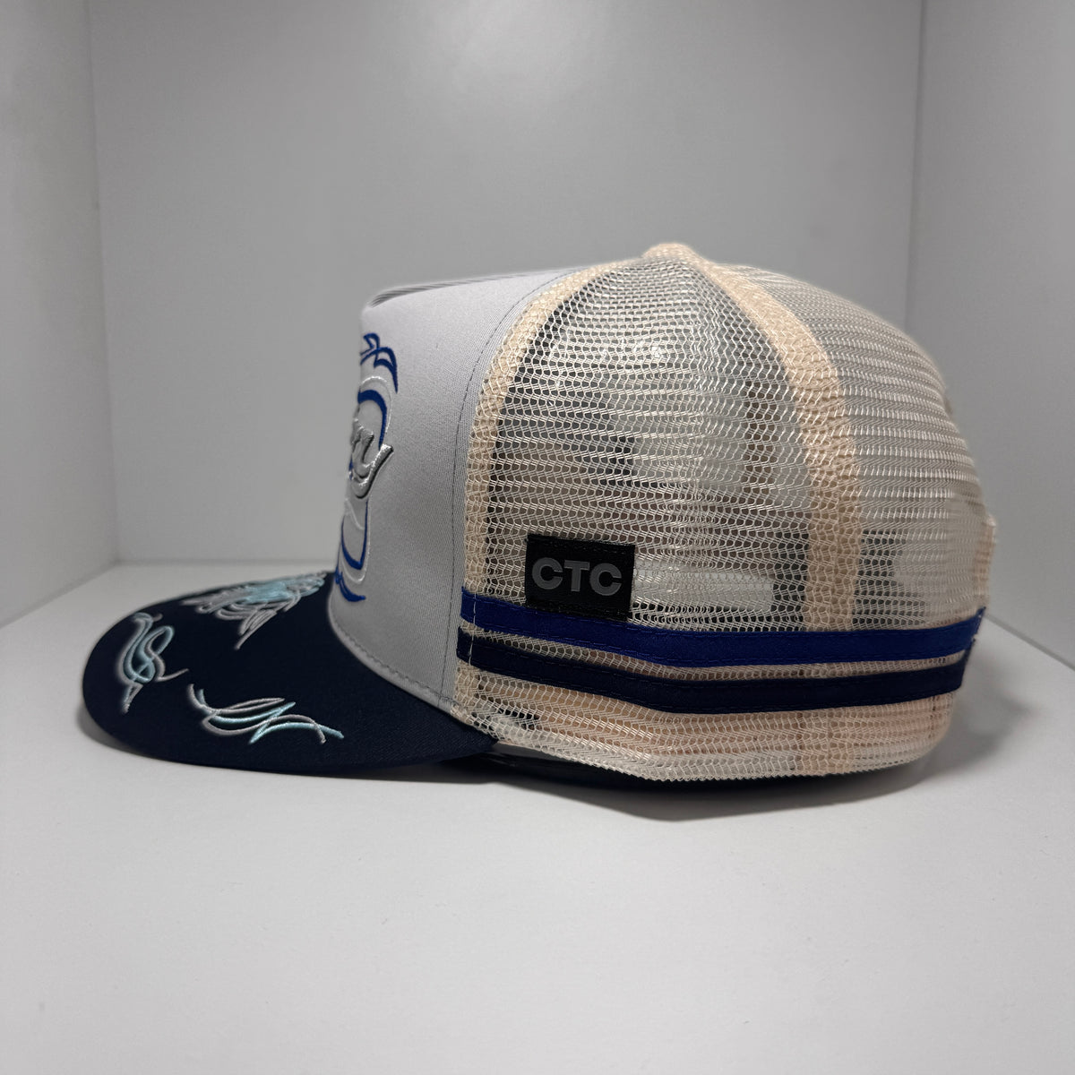 VINTAGE SCROLL GREY BLUE TRUCKER CAP