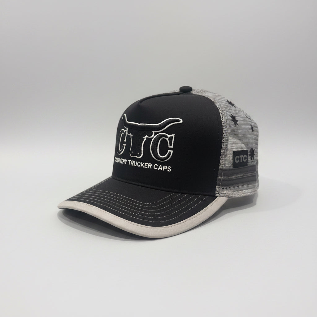 GREY BLACK BULLHORN TRUCKER CAP
