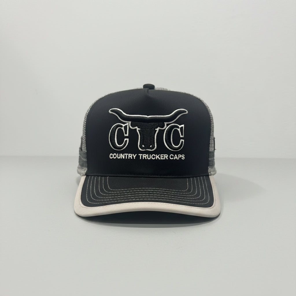 GREY BLACK BULLHORN TRUCKER CAP