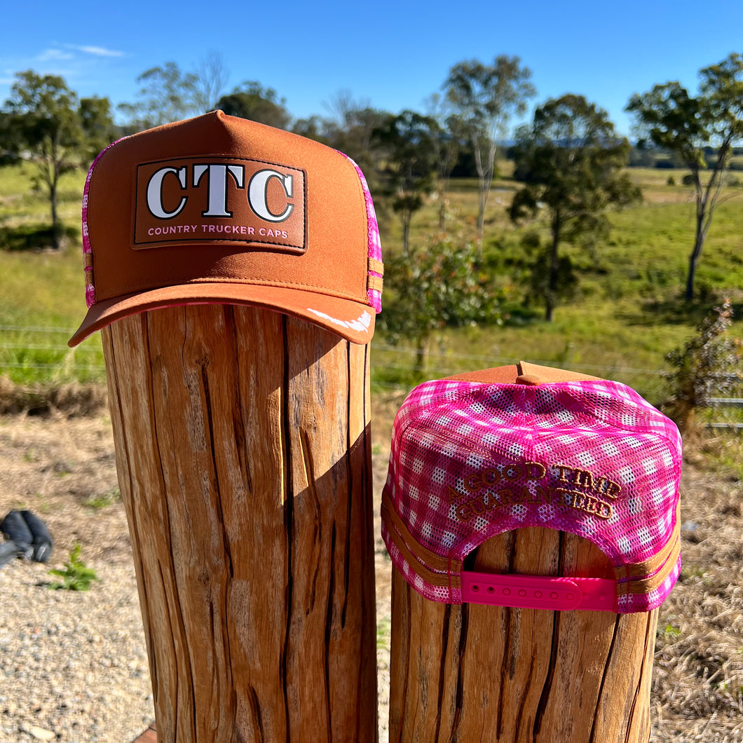 TAN HOT PINK GINGHAM TRUCKER CAP