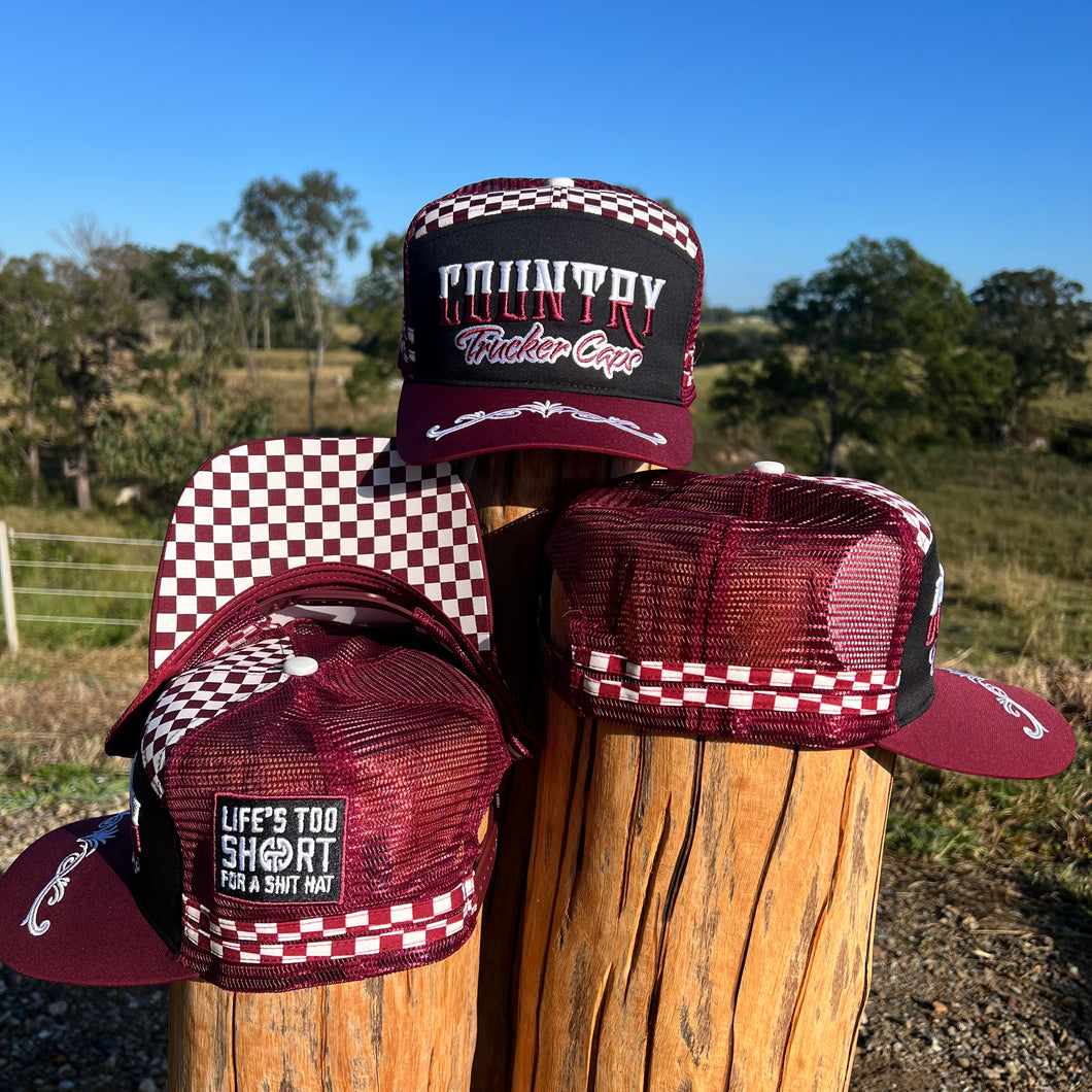 7 PANEL MAROON CHECK TRUCKER CAP