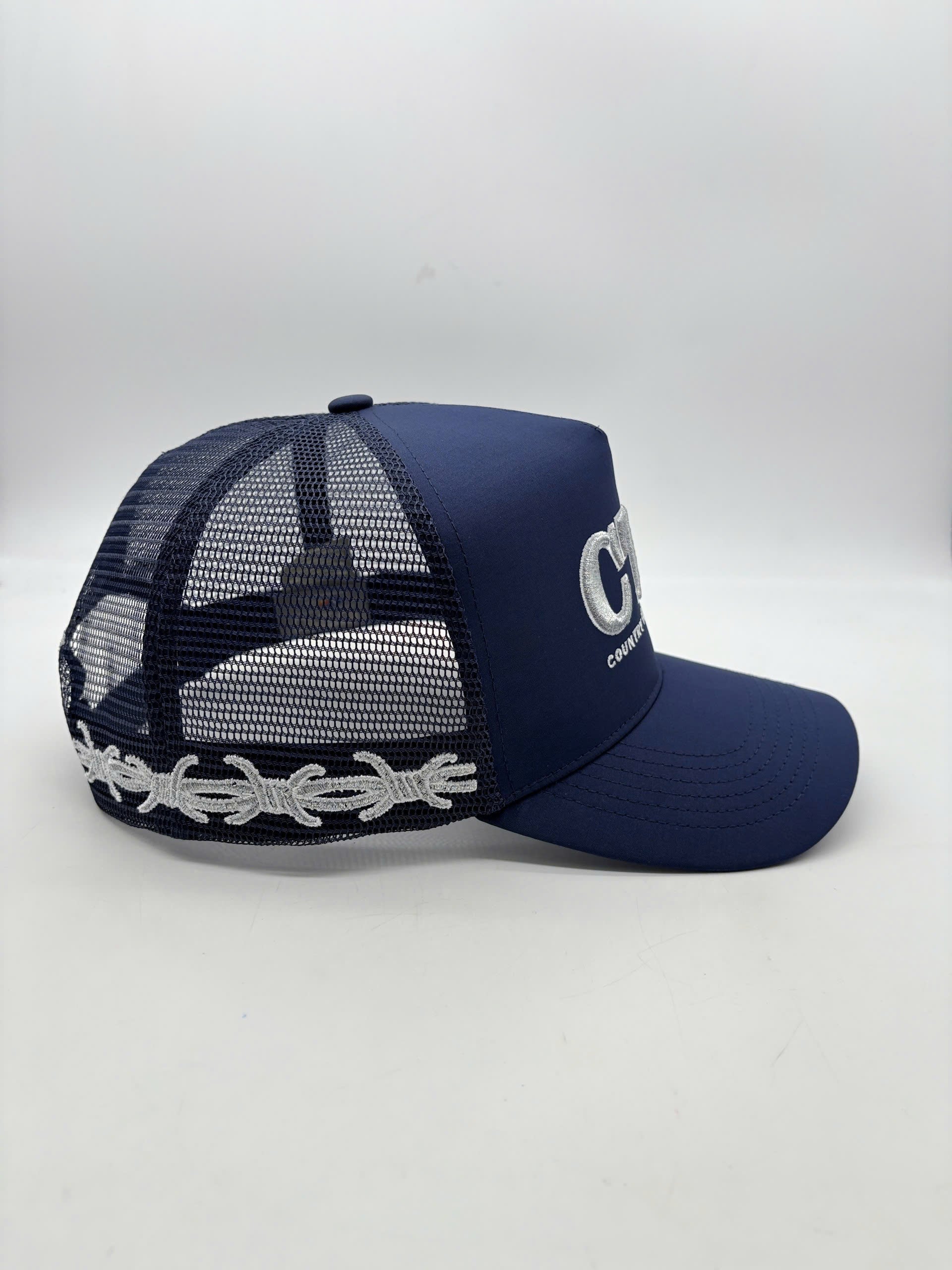 NAVY BARB WIRE TRUCKER CAP