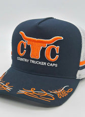 NAVY ORANGE TRUCK SCROLL TRUCKER CAP