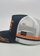 NAVY ORANGE TRUCK SCROLL TRUCKER CAP