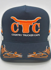 NAVY ORANGE TRUCK SCROLL TRUCKER CAP