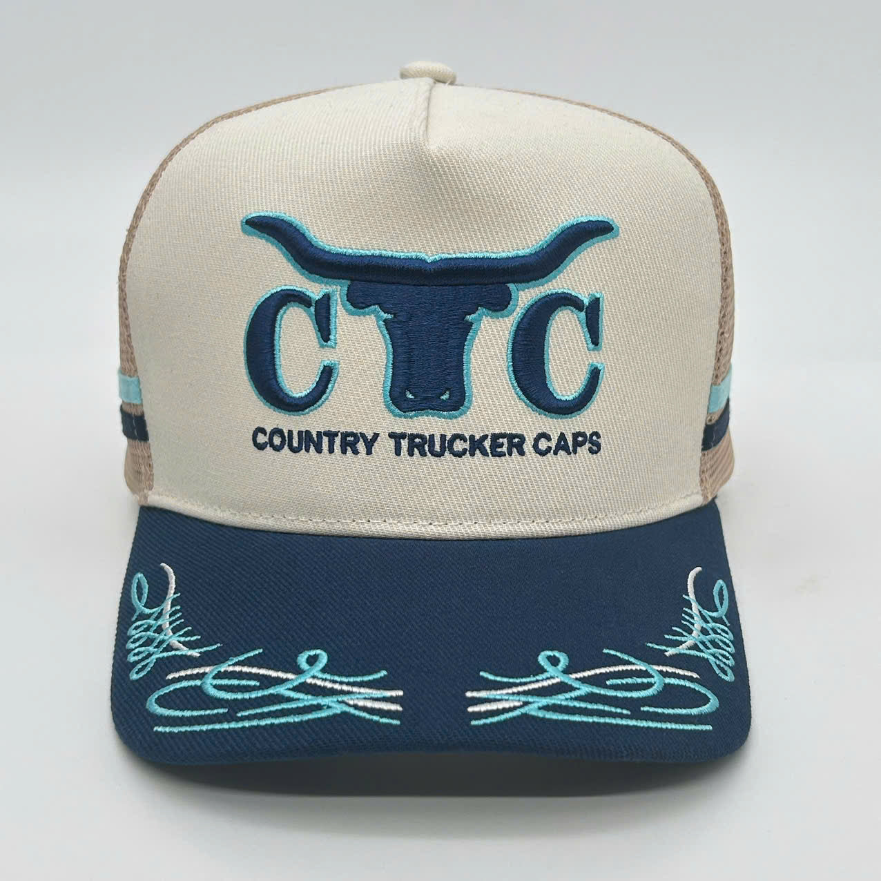 CREAM NAVY TRUCK SCROLL TRUCKER CAP